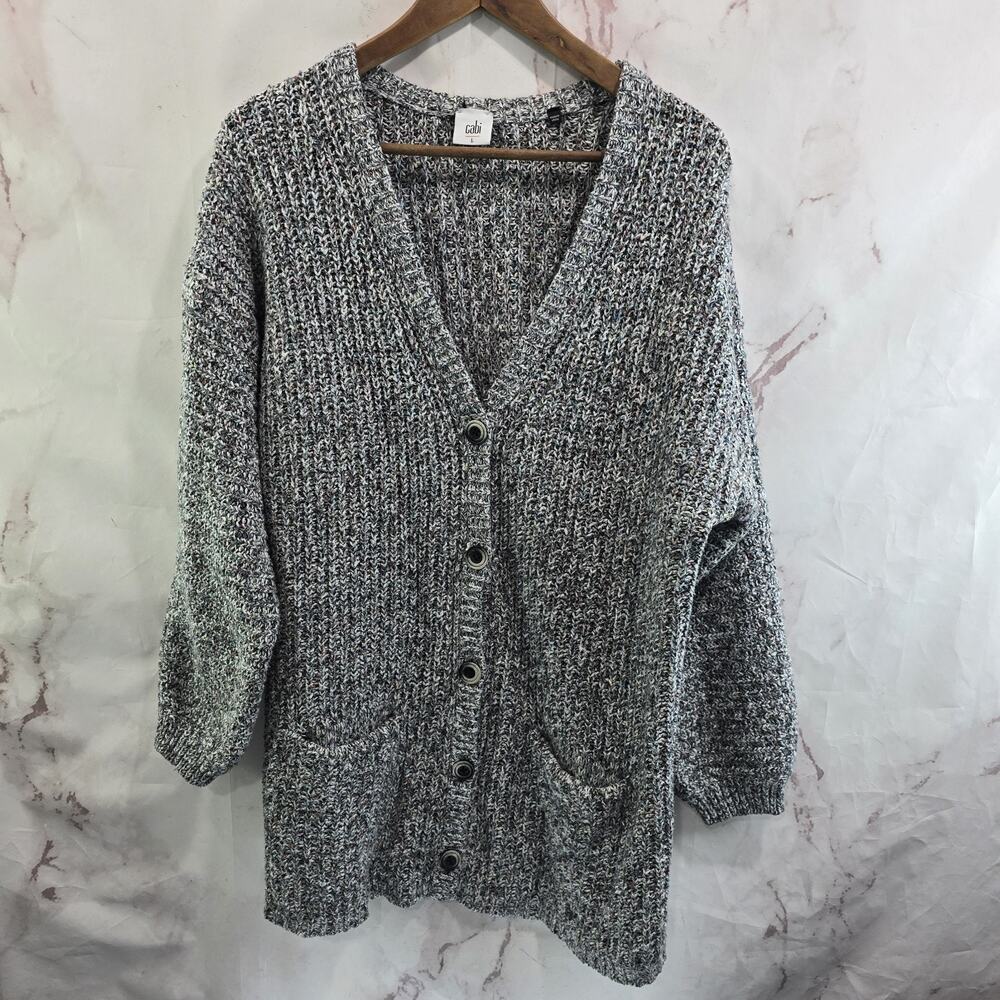 Cabi Cardigan Womens Large Gray Embrace Sweater Balloon Sleeve Marled 3663
